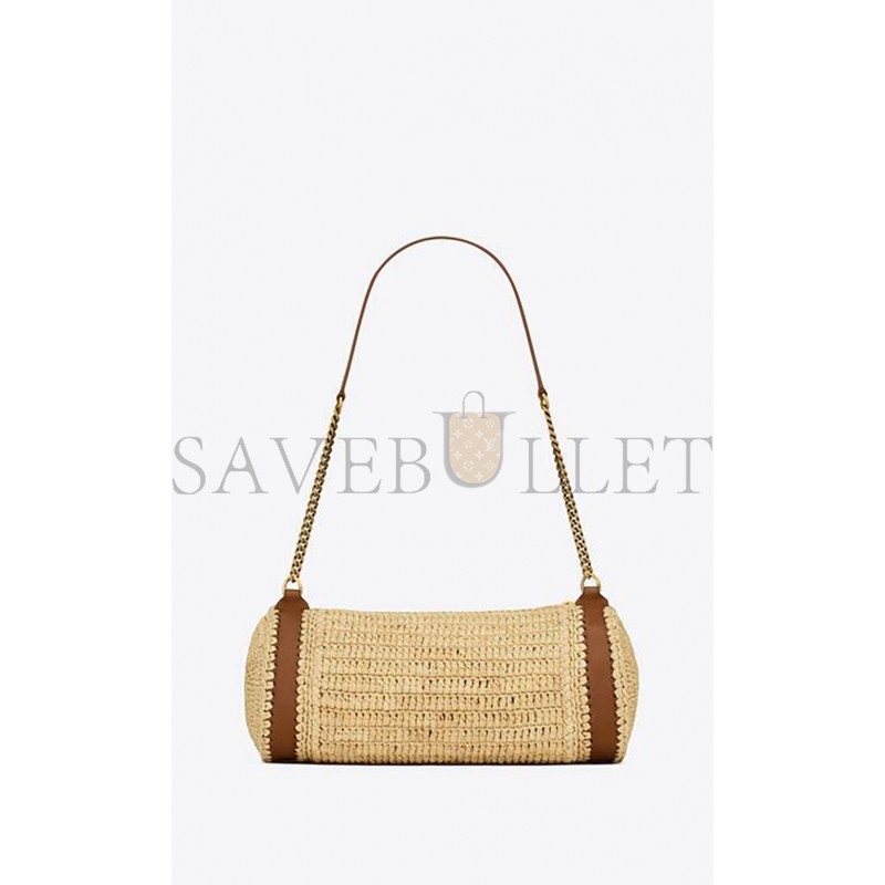YSL CASSANDRE SMALL CYLINDRIC BAG IN RAFFIA AND VEGETABLE-TANNED LEATHER 744504GAABN2080 (24.5*11*11cm)