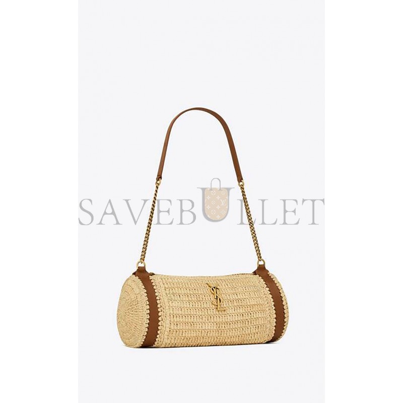 YSL CASSANDRE SMALL CYLINDRIC BAG IN RAFFIA AND VEGETABLE-TANNED LEATHER 744504GAABN2080 (24.5*11*11cm)