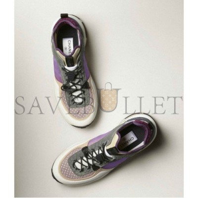 CHANEL SNEAKERS 		FABRIC, SUEDE CALFSKIN, MESH & FABRIC			WHITE, GRAY, PURPLE G39488 Y56142 K4944