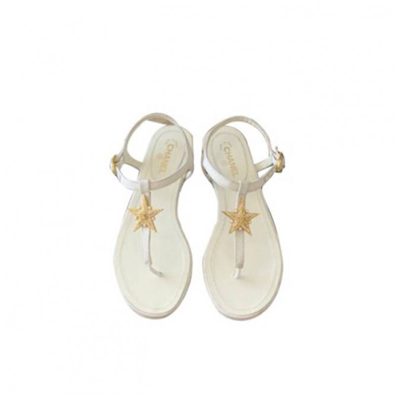 CHANEL LEATHER WOMEN’S SANDALS WHITE STARLIKE GOLD HARDWARE