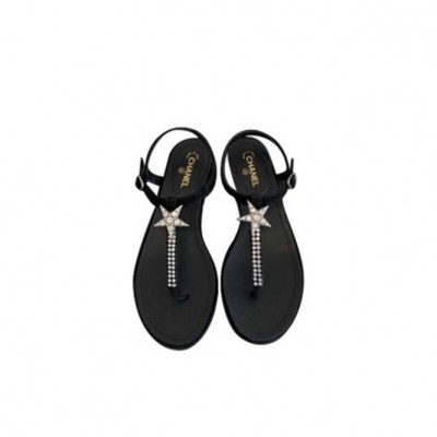 CHANEL SANDALS FOR WOMEN DOUBLE CC PEARL RHINESTONE HARDWARE BLACK BEACH SHOES