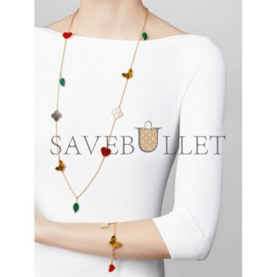 VAN CLEEF  ARPELS LUCKY ALHAMBRA LONG NECKLACE, 12 MOTIFS - YELLOW GOLD, CARNELIAN, MALACHITE, MOTHER-OF-PEARL, TIGER EYE  VCARD80100