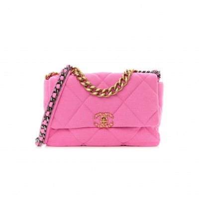 CHANEL DENIM QUILTED LARGE CHANEL 19 FLAP NEON PINK GOLD HARDWARE (30*20*10cm)
