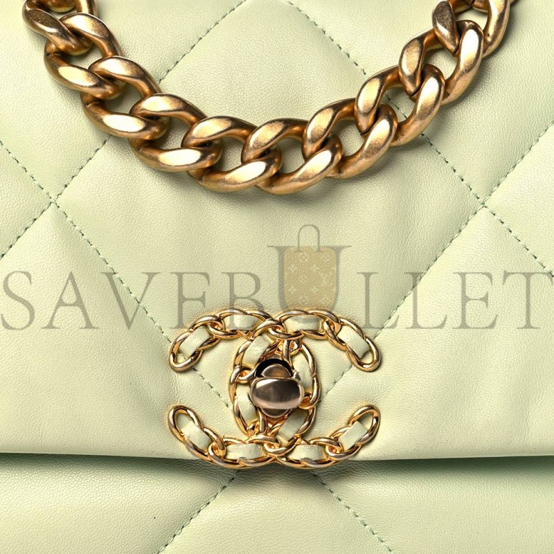 CHANEL LAMBSKIN QUILTED MEDIUM CHANEL 19 FLAP LIGHT GREEN GOLD HARDWARE (26*16*8cm)