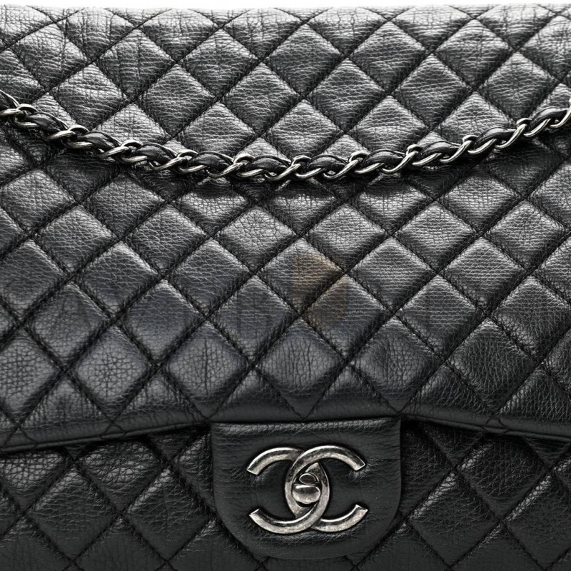 CHANEL CALFSKIN QUILTED XXL TRAVEL FLAP BAG BLACK SILVER HARDWARE (45*28*15cm)
