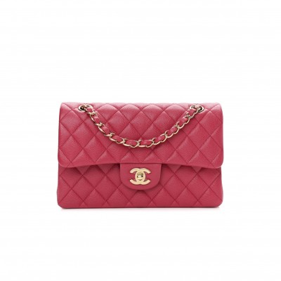 CHANEL CAVIAR QUILTED SMALL DOUBLE FLAP DARK PINK GOLD HARDWARE (23*13*6cm)