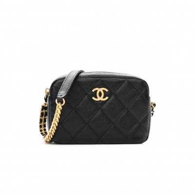 CHANEL SHINY CAVIAR QUILTED CHAIN MELODY CAMERA BAG BLACK GOLD HARDWARE (17*11*5cm)