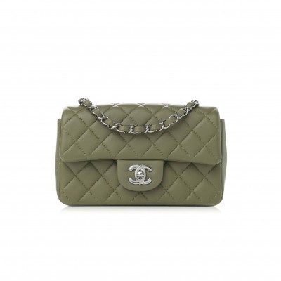 CHANEL LAMBSKIN QUILTED MINI RECTANGULAR FLAP GREEN SILVER HARDWARE (20*13*7cm)
