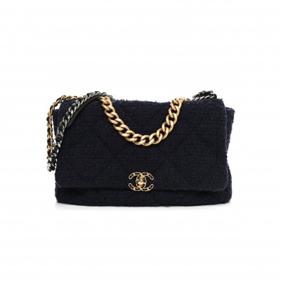CHANEL TWEED QUILTED MAXI CHANEL 19 FLAP NAVY GOLD HARDWARE (36*24*11cm)