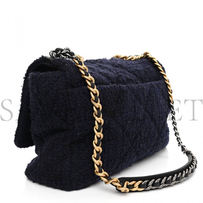 CHANEL TWEED QUILTED MAXI CHANEL 19 FLAP NAVY GOLD HARDWARE (36*24*11cm)