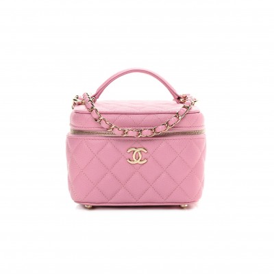 CHANEL CAVIAR QUILTED SMALL CC VANITY CASE LIGHT PINK ROSE GOLD HARDWARE (15*11*11cm)