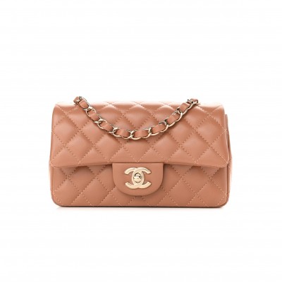 CHANEL LAMBSKIN QUILTED MINI RECTANGULAR FLAP BROWN ROSE GOLD HARDWARE (19*11*7cm)