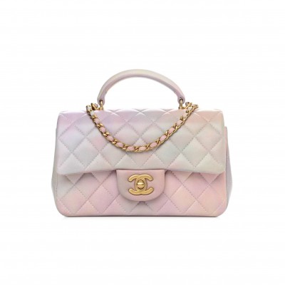 CHANEL LAMBSKIN QUILTED OMBRE MINI TOP HANDLE RECTANGULAR FLAP PINK MULTICOLOR GOLD HARDWARE (20*13*6cm)