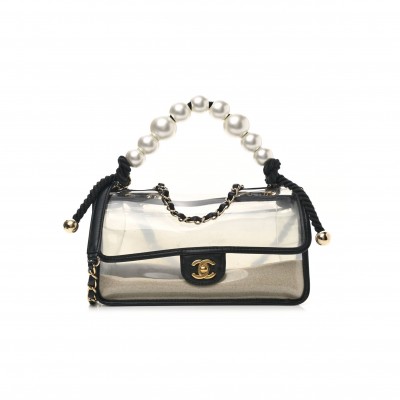 CHANEL LAMBSKIN PVC SAND BY THE SEA FLAP WITH PEARL STRAP BLACK GOLD HARDWARE (26*14*8cm)