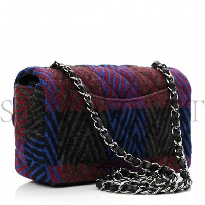 CHANEL WOOL QUILTED MINI RECTANGULAR FLAP RED GREY MULTICOLOR SILVER HARDWARE (19*12*6cm)