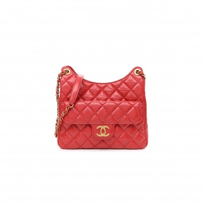 CHANEL SHINY CRUMPLED CALFSKIN QUILTED SMALL HOBO RED GOLD HARDWARE (22*17*7cm)