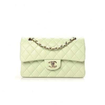 CHANEL CAVIAR QUILTED SMALL DOUBLE FLAP LIGHT GREEN ROSE GOLD HARDWARE (23*14*6cm)