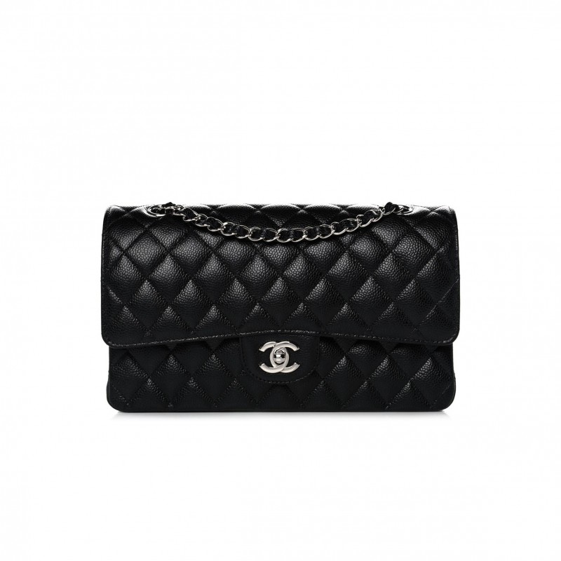 CHANEL CAVIAR QUILTED MEDIUM DOUBLE FLAP BLACK SILVER HARDWARE (25*15*6cm)