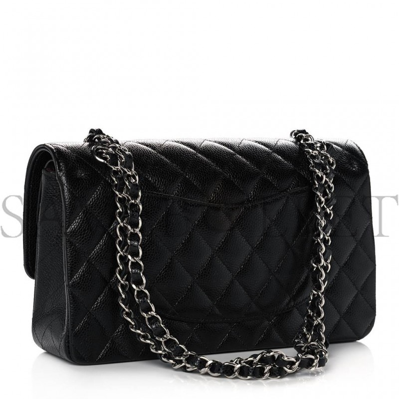 CHANEL CAVIAR QUILTED MEDIUM DOUBLE FLAP BLACK SILVER HARDWARE (25*15*6cm)