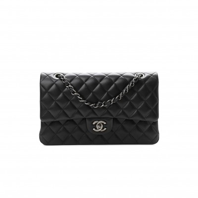 CHANEL LAMBSKIN QUILTED SMALL DOUBLE FLAP BLACK SILVER HARDWARE (25*15*6cm)