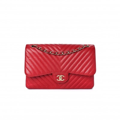 CHANEL CAVIAR CHEVRON QUILTED JUMBO DOUBLE FLAP DARK RED ROSE GOLD HARDWARE (30*20*9cm)