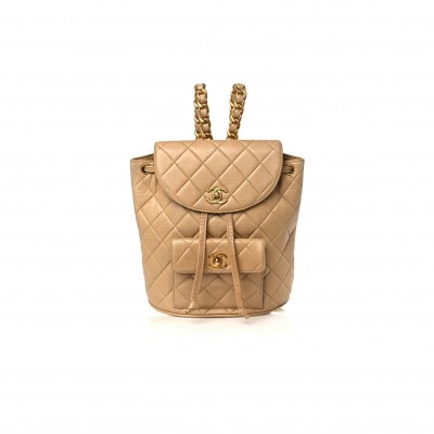CHANEL LAMBSKIN QUILTED BACKPACK BEIGE GOLD HARDWARE (21.6*22.2*10.2cm)