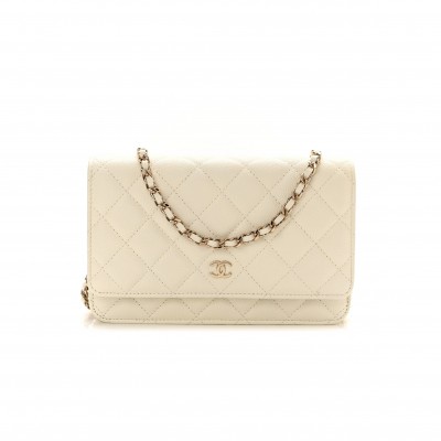 CHANEL CAVIAR QUILTED WALLET ON CHAIN WOC WHITE ROSE GOLD HARDWARE (19*12*4cm)