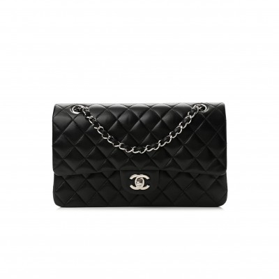 CHANEL LAMBSKIN QUILTED MEDIUM DOUBLE FLAP BLACK SILVER HARDWARE SILVER HARDWARE (25*15*6cm)