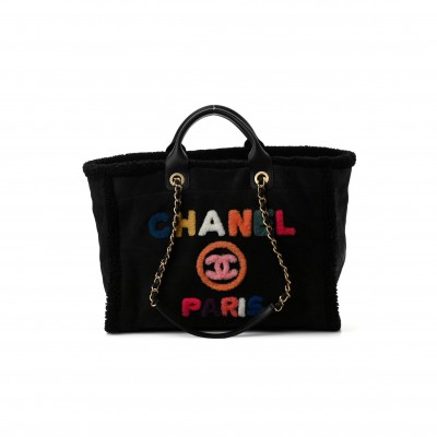 CHANEL SHEARLING LARGE DEAUVILLE TOTE BLACK (43*32*20cm)