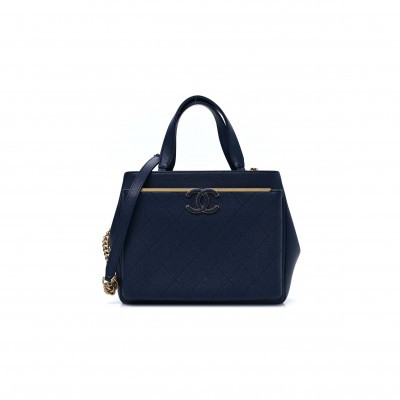 CHANEL GRAINED CALFSKIN STITCHED SMALL LADY COCO TOP HANDLE TOTE NAVY BLUE HARDWARE (24*20*11cm)
