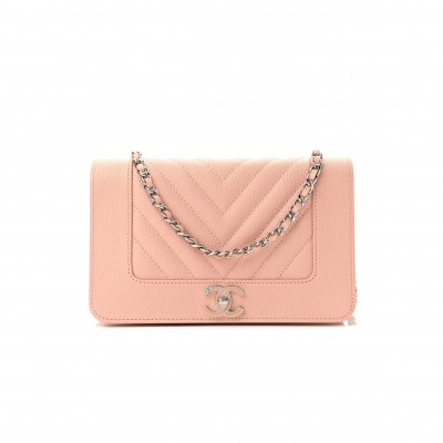 CHANEL METALLIC CAVIAR QUILTED VINTAGE MADEMOISELLE WALLET ON CHAIN WOC LIGHT PINK HARDWARE (19*12*4cm)