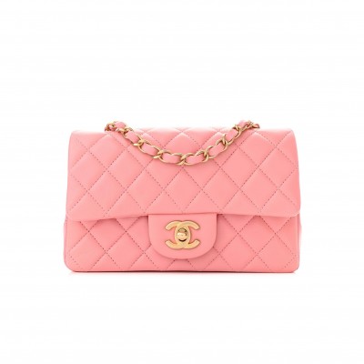 CHANEL LAMBSKIN QUILTED MINI RECTANGULAR FLAP PINK GOLD HARDWARE (20*11*6cm)