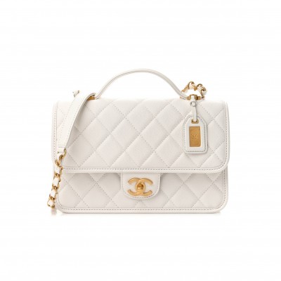 CHANEL CAVIAR QUILTED SMALL TOP HANDLE FLAP WHITE GOLD HARDWARE (25*16*8cm)