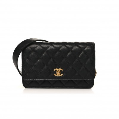 CHANEL CAVIAR QUILTED TWIST YOUR BUTTONS WALLET ON CHAIN WOC BLACK GOLD HARDWARE (19*12*3cm)