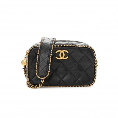 CHANEL LAMBSKIN QUILTED CHAIN CC MINI CAMERA CASE BLACK GOLD HARDWARE (17*11*6cm)