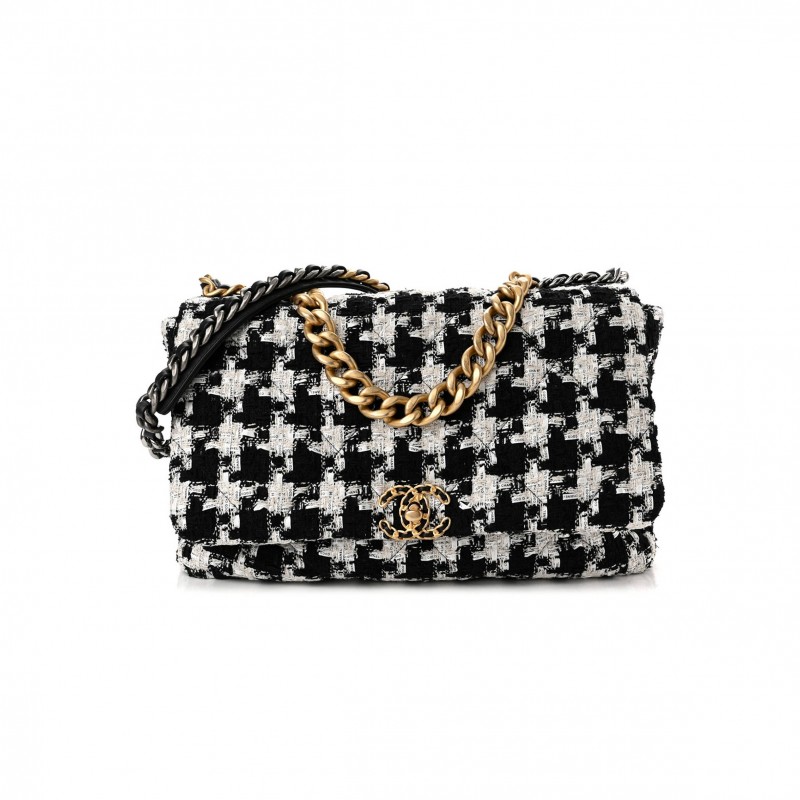 CHANEL TWEED QUILTED MAXI CHANEL 19 FLAP BLACK ECRU WHITE GOLD HARDWARE (36*22*11cm)