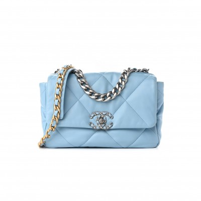 CHANEL LAMBSKIN QUILTED MEDIUM CHANEL 19 FLAP LIGHT BLUE SILVER HARDWARE (25*17*8cm)