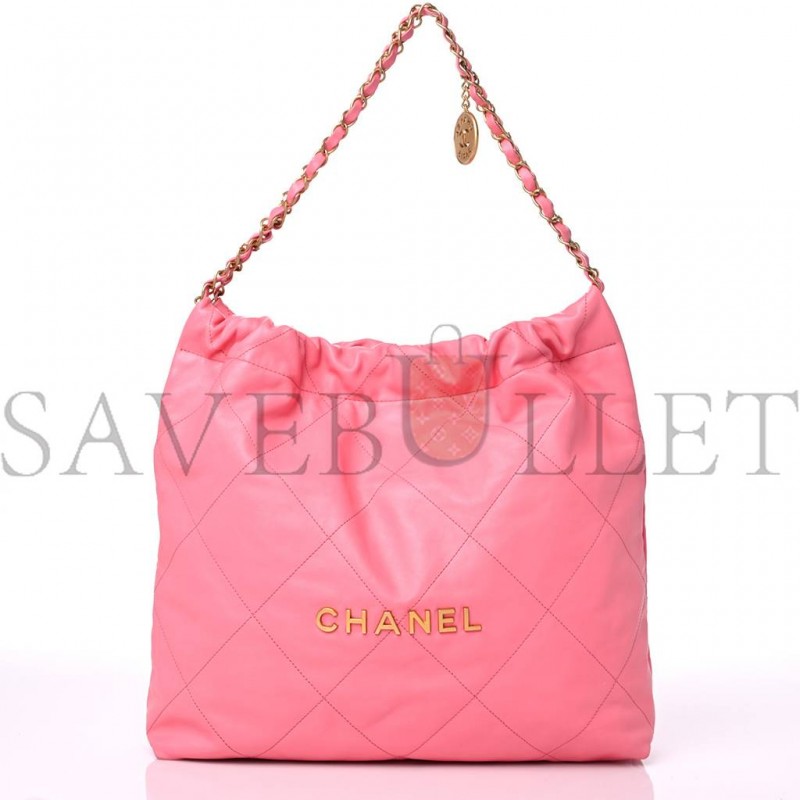 CHANEL SHINY CALFSKIN QUILTED CHANEL 22 DRAWSTRING BAG CORAL PINK GOLD HARDWARE (41*38*8cm)