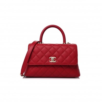 CHANEL CAVIAR QUILTED MINI COCO HANDLE FLAP RED ROSE GOLD HARDWARE (23*14*10cm)