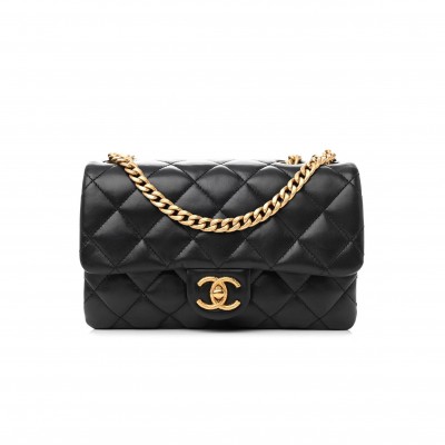CHANEL LAMBSKIN QUILTED SMALL PILLOW CRUSH FLAP BLACK GOLD HARDWARE (22*13*6cm)