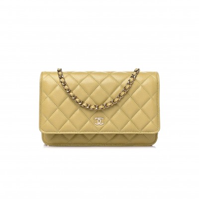 CHANEL CAVIAR QUILTED WALLET ON CHAIN WOC LIGHT GREEN ROSE GOLD HARDWARE (19*11*4cm)