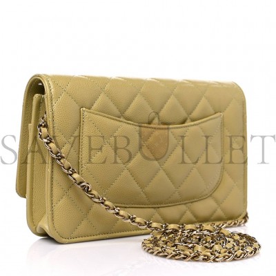 CHANEL CAVIAR QUILTED WALLET ON CHAIN WOC LIGHT GREEN ROSE GOLD HARDWARE (19*11*4cm)