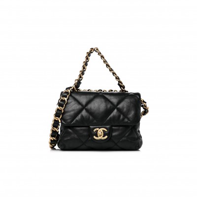 CHANEL LAMBSKIN QUILTED CHAIN TOP HANDLE FLAP BLACK GOLD HARDWARE (19*18*3cm)