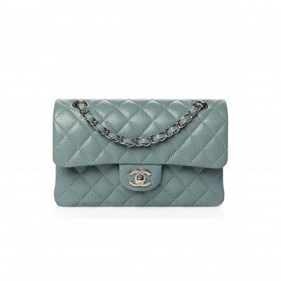CHANEL CAVIAR QUILTED SMALL DOUBLE FLAP LIGHT BLUE SILVER HARDWARE (23*14*6cm)