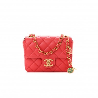 CHANEL LAMBSKIN QUILTED ENAMEL CHAIN MINI FLAP RED GOLD HARDWARE (16*12*6cm)