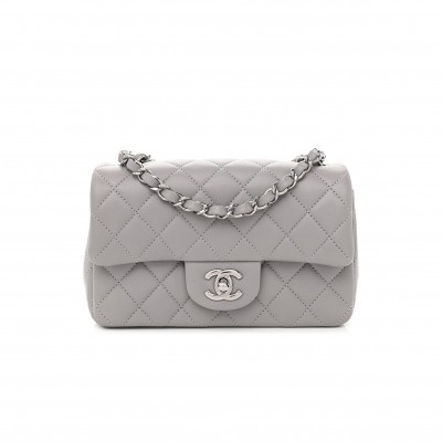CHANEL LAMBSKIN QUILTED MINI RECTANGULAR FLAP GREY SILVER HARDWARE (20*12*6cm)