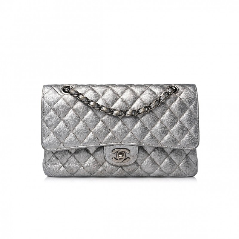 CHANEL METALLIC CAVIAR QUILTED MEDIUM DOUBLE FLAP SILVER SILVER HARDWARE (25*15*6cm)