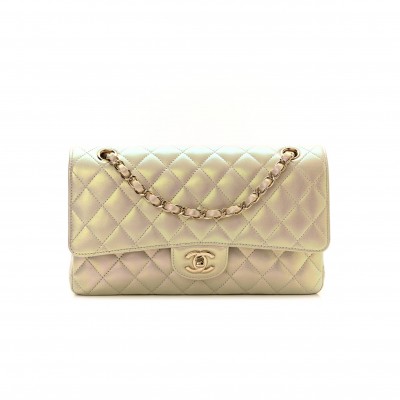 CHANEL IRIDESCENT LAMBSKIN QUILTED MEDIUM DOUBLE FLAP IVORY ROSE GOLD HARDWARE (25*15*6cm)