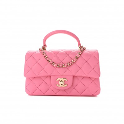 CHANEL LAMBSKIN QUILTED MINI TOP HANDLE RECTANGULAR FLAP PINK ROSE GOLD HARDWARE  (20*12*6cm)