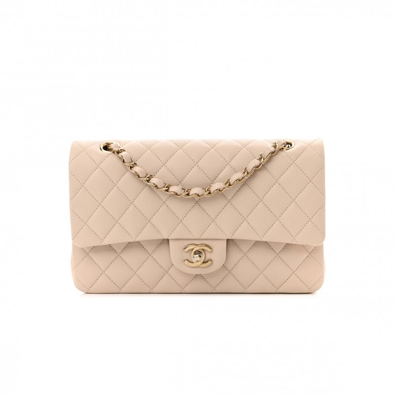 CHANEL CAVIAR QUILTED MEDIUM DOUBLE FLAP LIGHT BEIGE GOLD HARDWARE (25*15*6cm)